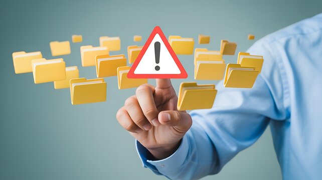 Hand Touching Warning Sign Over Floating Digital Folders Keywords: warning, sign, alert, danger