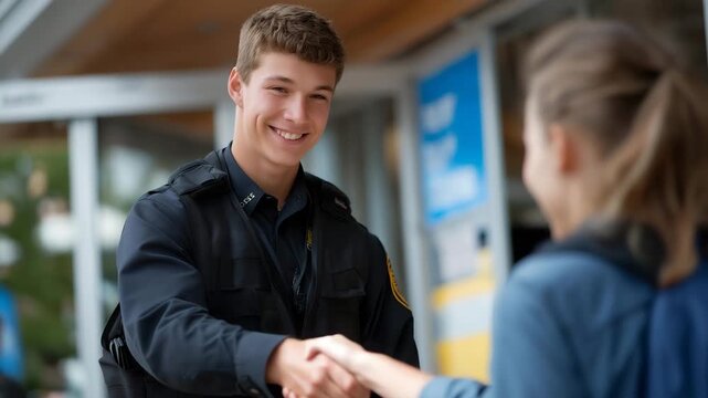 A school safety officer gently guiding students through a well-organized morning entry checkpoint with ID scanning and bright directional signs &mdash; secure campus environment, modern security