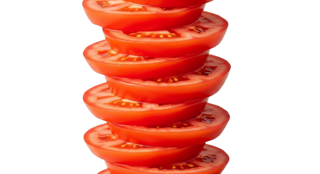 Stacked tomato slices on black convey freshness and natural vibrant red color to catch the eye.