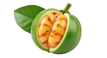 Striking digital render of a halved, vibrant green fruit with its inner, orange segments revealed.