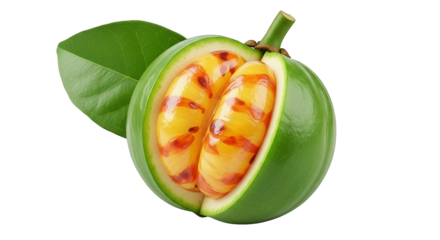 Striking digital render of a halved, vibrant green fruit with its inner, orange segments revealed.