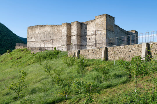 View of the ancient fortress of Seven brothers and one sister on a sunny May day. Khuchni, Tabasaran. Republic of Dagestan, Russia