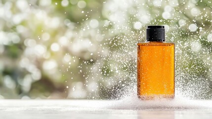A rectangular amber glass perfume bottle with a black cap, standing on a white surface, with white particles resembling snow falling around it, set against a bl