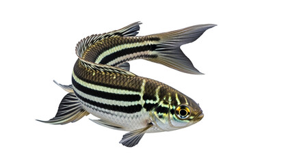 Striped fish gracefully curves, exhibiting its sleek, patterned body against a dark backdrop.