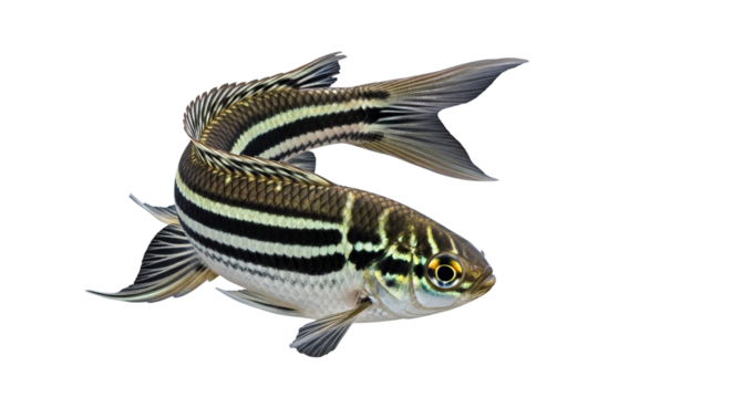 Striped fish gracefully curves, exhibiting its sleek, patterned body against a dark backdrop.