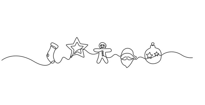 Video. Festoon, garland with bulbs drawing with one editable continuous line. Festive, Christmas garland in simple linear style. Separating frame for banner. Animation on white background 4K.