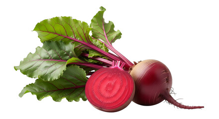 Two beets, one halved, show rich red color and vibrant green leaves against a black background.