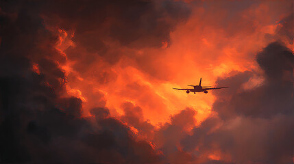 Airplane silhouette against fiery sunset clouds orange