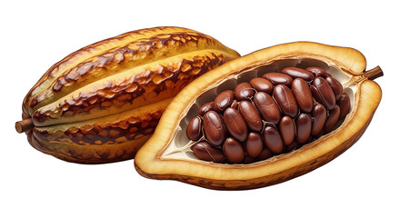 Two cacao pods, one whole with a textured brown and yellow shell, and one cut open to reveal seeds.