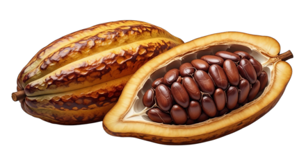 Two cacao pods, one whole with a textured brown and yellow shell, and one cut open to reveal seeds.