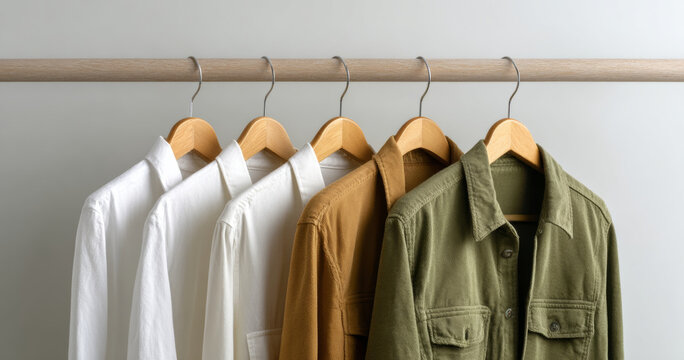 Row of white, brown, and green casual shirts hanging on wooden hangers on a minimalist clothing rack against a plain background