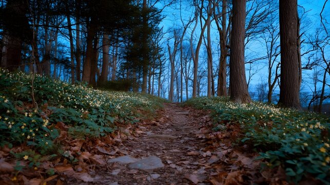 A winding forest path lined with wildflowers and fallen leaves under a twilight sky - Powered by Adobe