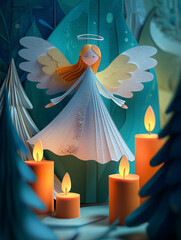 Paper angel figure with delicate wings stands among glowing candles, surrounded by stylized trees, creating a serene and festive atmosphere for holiday celebrations