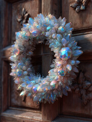 Decorative wreath adorned with iridescent flowers and gems, hanging on a rustic wooden door, creating a vibrant and inviting atmosphere for seasonal celebrations