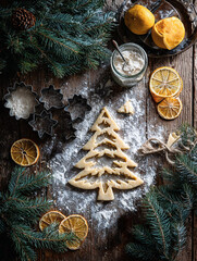 Festive holiday baking scene featuring cookie dough shaped like a Christmas tree, surrounded by dried oranges, pine branches, and baking tools, creating a cozy atmosphere for seasonal celebrations