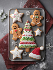 Festive holiday cookies arranged on a baking tray, featuring gingerbread men, star shapes, and a decorated Christmas tree, showcasing vibrant colors and intricate icing designs