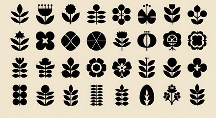 Set of stylized black floral and leaf icons on beige background