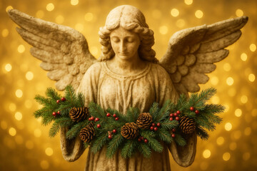 Stone angel statue adorned with festive greenery, pinecones, and red berries, set against a shimmering golden background, capturing the essence of holiday spirit and celebration