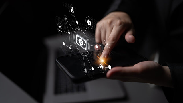 A fintech concept showing a network of digital banking services. This includes secure online payments, global transactions, and e-commerce for the modern financial system. Fermion - Powered by Adobe