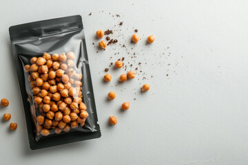 Fototapeta premium Sealed black pouch filled with roasted chickpeas placed on white textured surface with some chickpeas and crumbs scattered around, evoking crunchy snack feeling