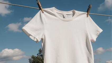 Plain white tee shirts hung on a clothesline to dry, with a bright blue sky background