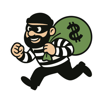 A cartoon burglar in striped clothing running with a sack of money after a robbery