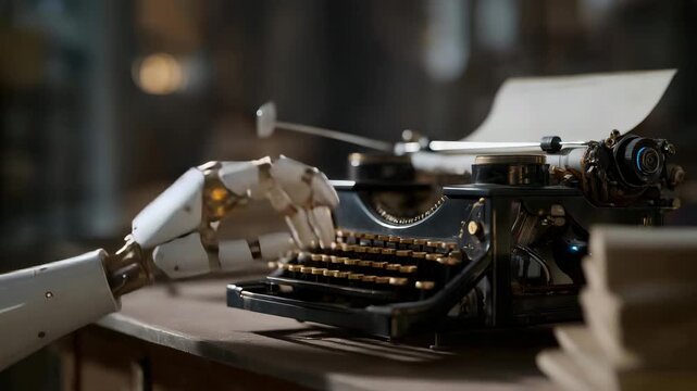 AI robot hand delicately pressing the keys of an antique typewriter in a dimly lit study, each keystroke blending mechanical past and digital future &mdash; a surreal, thought-provoking image symbolizing