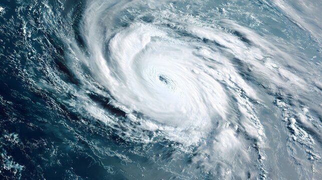A powerful hurricane with a distinct eye seen from space swirling over the vast ocean.