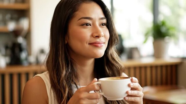 A serene moment captured as a woman enjoys a warm drink, taking a peaceful break
