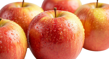 Vibrant, red and yellow apples glisten with fresh water droplets against a stark black background
