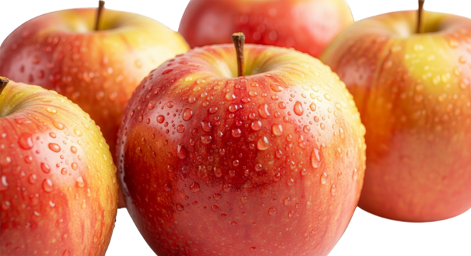 Vibrant, red and yellow apples glisten with fresh water droplets against a stark black background