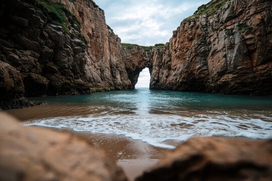 Secluded cove with turquoise water and soft waves gently washing onto sandy beach surrounded by tall rocky cliffs under cloudy sky creating peaceful natural scene - Powered by Adobe