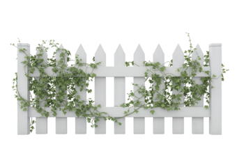 White wooden picket fence section covered with climbing green ivy plants