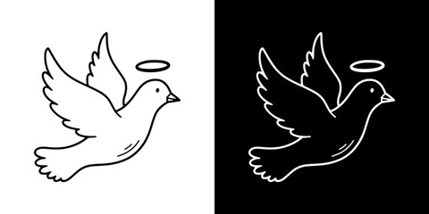 Dove flying with halo, Holy Spirit, isolated vector image, two versions on transparent and black backgrounds, pencil drawing, chalk drawing
