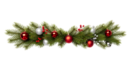 Festive Pine Garland Decor with Red Balls and Lights On White