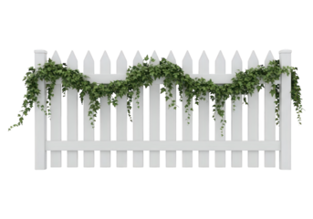 White picket fence section draped with trailing green foliage garland
