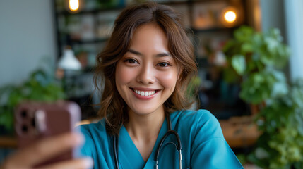Gen Z Asian woman, anti-aging nurse expert vlogging live on phone, mental health care advice, selfie vertical setup, soft studio lighting, with copy space