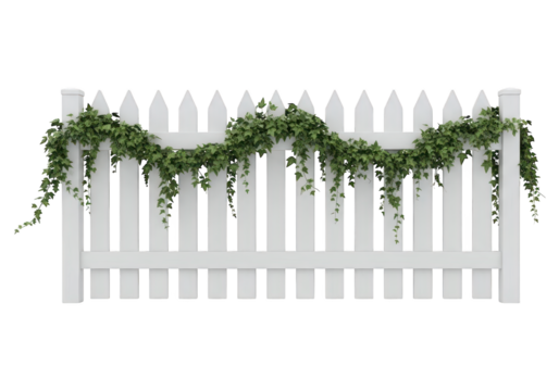 White picket fence section draped with trailing green foliage garland