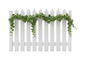 Classic white picket fence section adorned with lush green ivy vines across the top