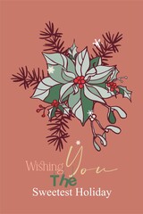 Happy New Year! Merry Christmas! A card made of isolated elements (illustrations) on the theme of the winter holidays in a vintage color scheme. With text. Digital illustration with outline.