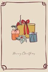 Happy New Year! Merry Christmas! A card made of isolated elements (illustrations) on the theme of the winter holidays in a vintage color scheme. With text. Digital illustration with outline.