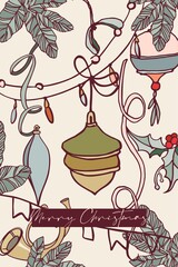 Happy New Year! Merry Christmas! A card made of isolated elements (illustrations) on the theme of the winter holidays in a vintage color scheme. With text. Digital illustration with outline.