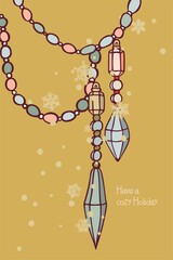 Happy New Year! Merry Christmas! A card made of isolated elements (illustrations) on the theme of the winter holidays in a vintage color scheme. With text. Digital illustration with outline.