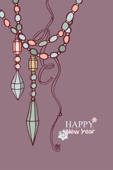 Happy New Year! Merry Christmas! A card made of isolated elements (illustrations) on the theme of the winter holidays in a vintage color scheme. With text. Digital illustration with outline.