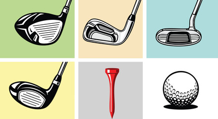 Golf clubs driver iron putter red tee and golf ball vector illustration set
