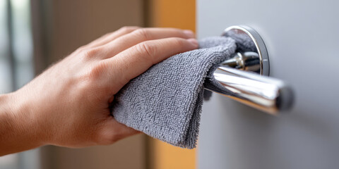 Close-up of hand cleaning a metal door handle with a gray microfiber cloth in a home or setting