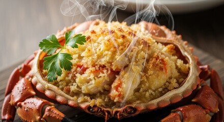 Culinary delight featuring a hot, stuffed crab adorned with parsley on wooden surface