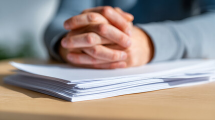 Close-up of folded hands resting on a stack of white papers on a wooden desk in a professional setting