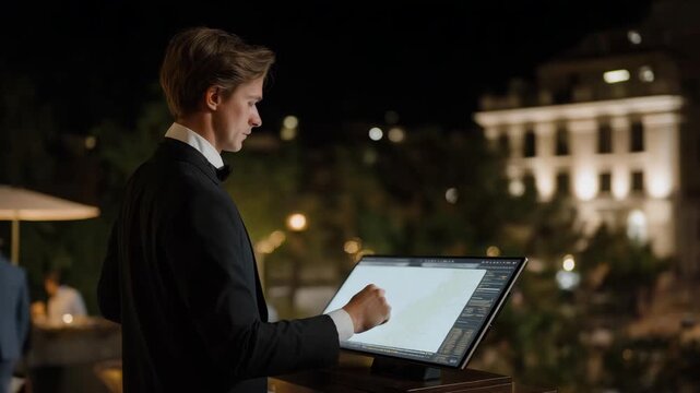 Auctioneer standing before transparent holographic touchscreen managing multiple live bids with real-time data overlays &mdash; concept of futuristic auction technology, interactive bid visualization,