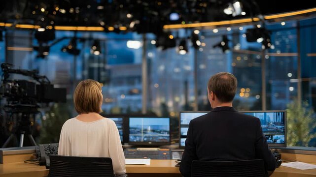 Behind glowing studio lights, a TV broadcast crew sets up cameras and microphones before a live news segment. Producers coordinate from the control room, anchors rehearse scripts, and lighting